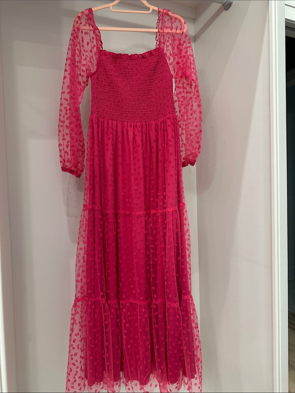 Pink Lily large ' Pink Long Tiered Mesh Dress with Smocked Bodice.  Like new